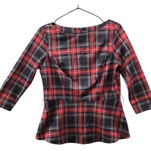 Alexia Admor Plaid Peplum Top Womens S Red Blue 3/4 Sleeve Baby Doll Holiday